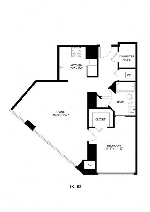 A floor plan of a home with a bedroom, living room, kitchen, and bathroom.